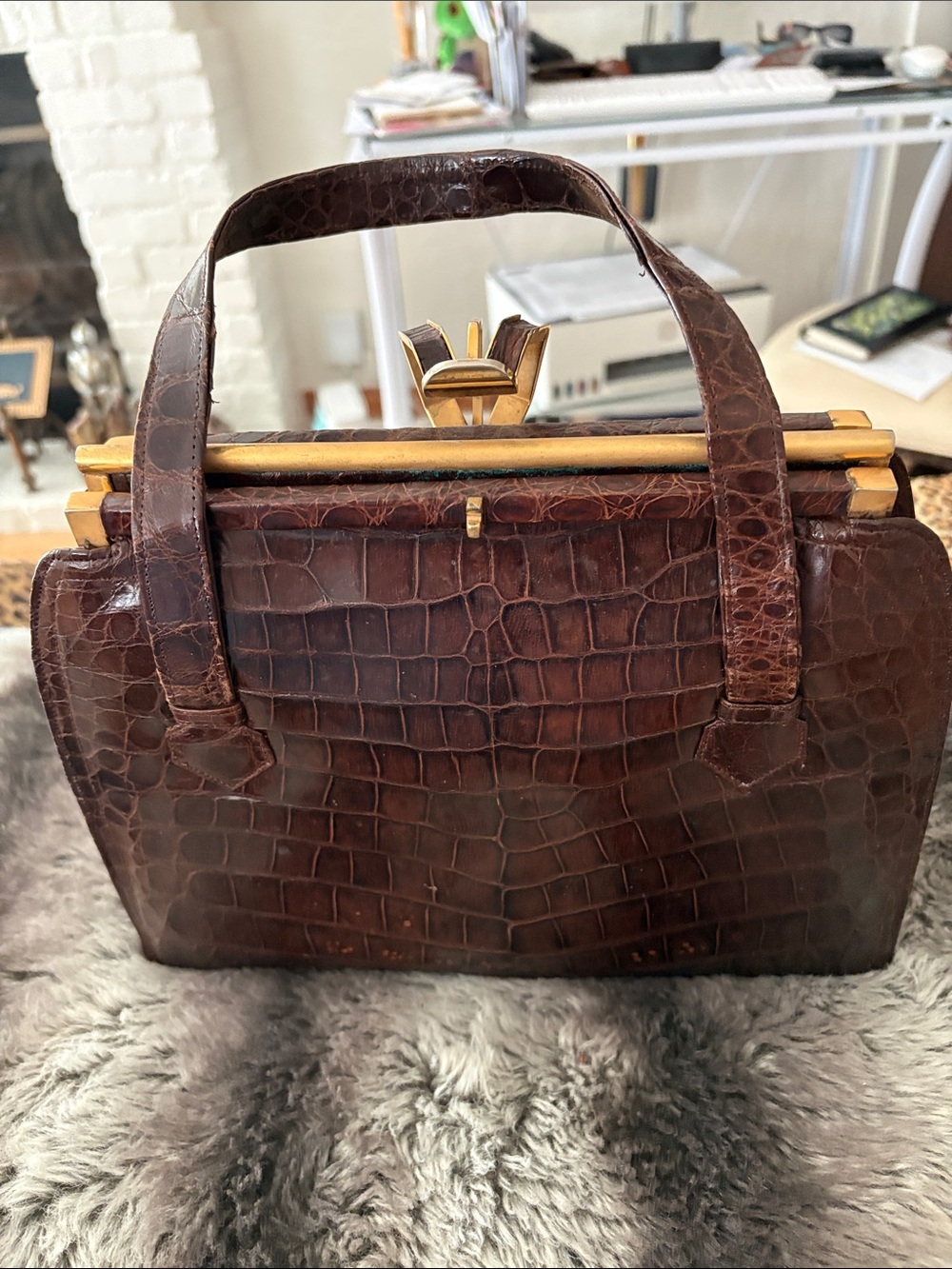 Structured Croc-Embossed Top-Handle Satchel in Dark Brown with Gold Hardware